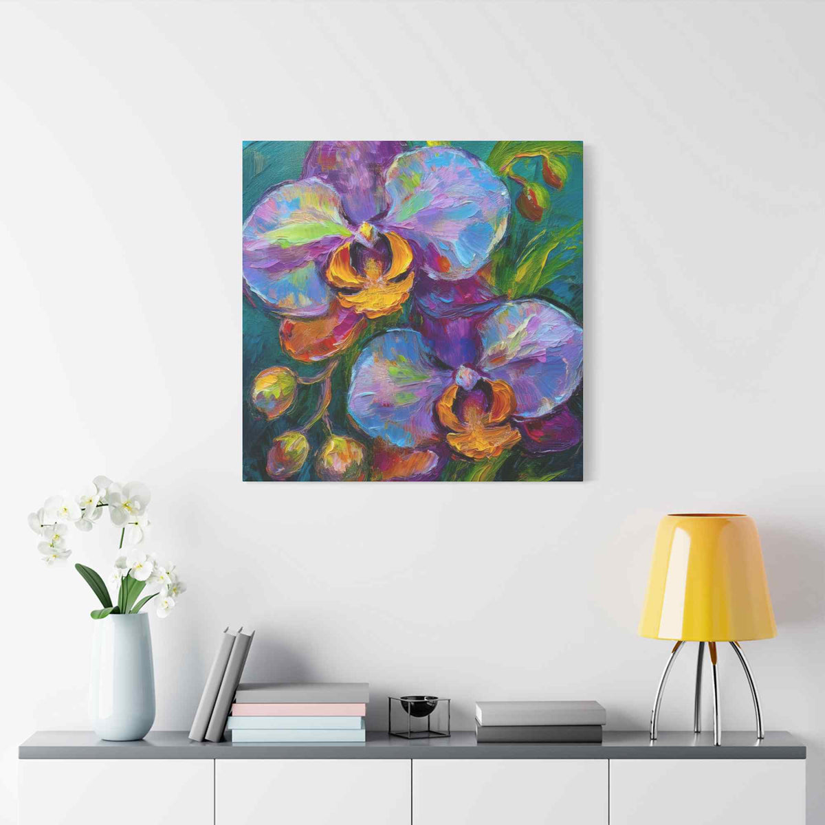Blue Orchids Print Canvas, Floral Oil Paint Print 20x20, 24x24, 30x30, 32x32, 36x36 Art Design Pine-Wood Inner Frame MC-133
