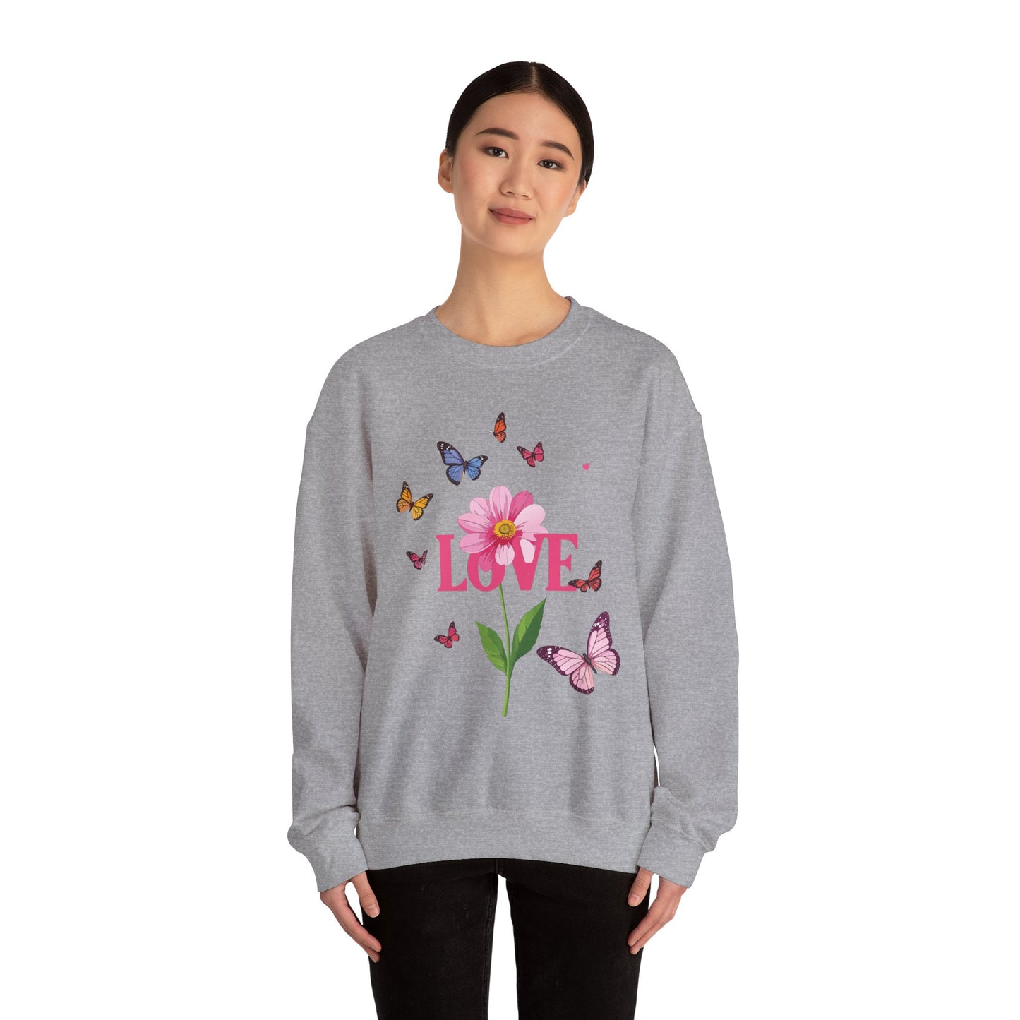 Unisex Floral Love Sweatshirt, Love Floral Sweatshirt, Floral Butterfly Sweatshirt, 50/50 Cotton-Poly Valentine's Day Sweatshirt 01