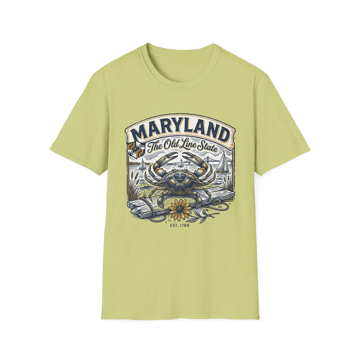 Maryland The Old Line State T-Shirt — Blue Crab Chesapeake Vintage Travel Tourist Graphic Design Unisex 100 Cotton Gildan T-Shirt