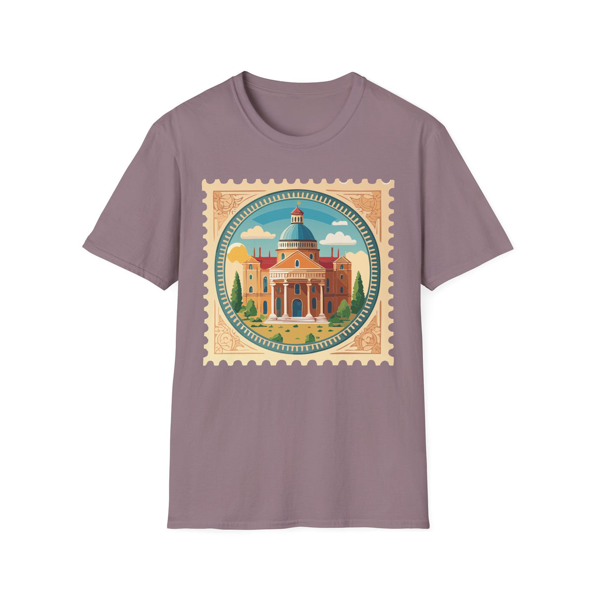 Vintage Postage Stamp Cityscape T-Shirt | Retro Basilica Graphic Tee Unisex 100 Cotton Gildan T-Shirt