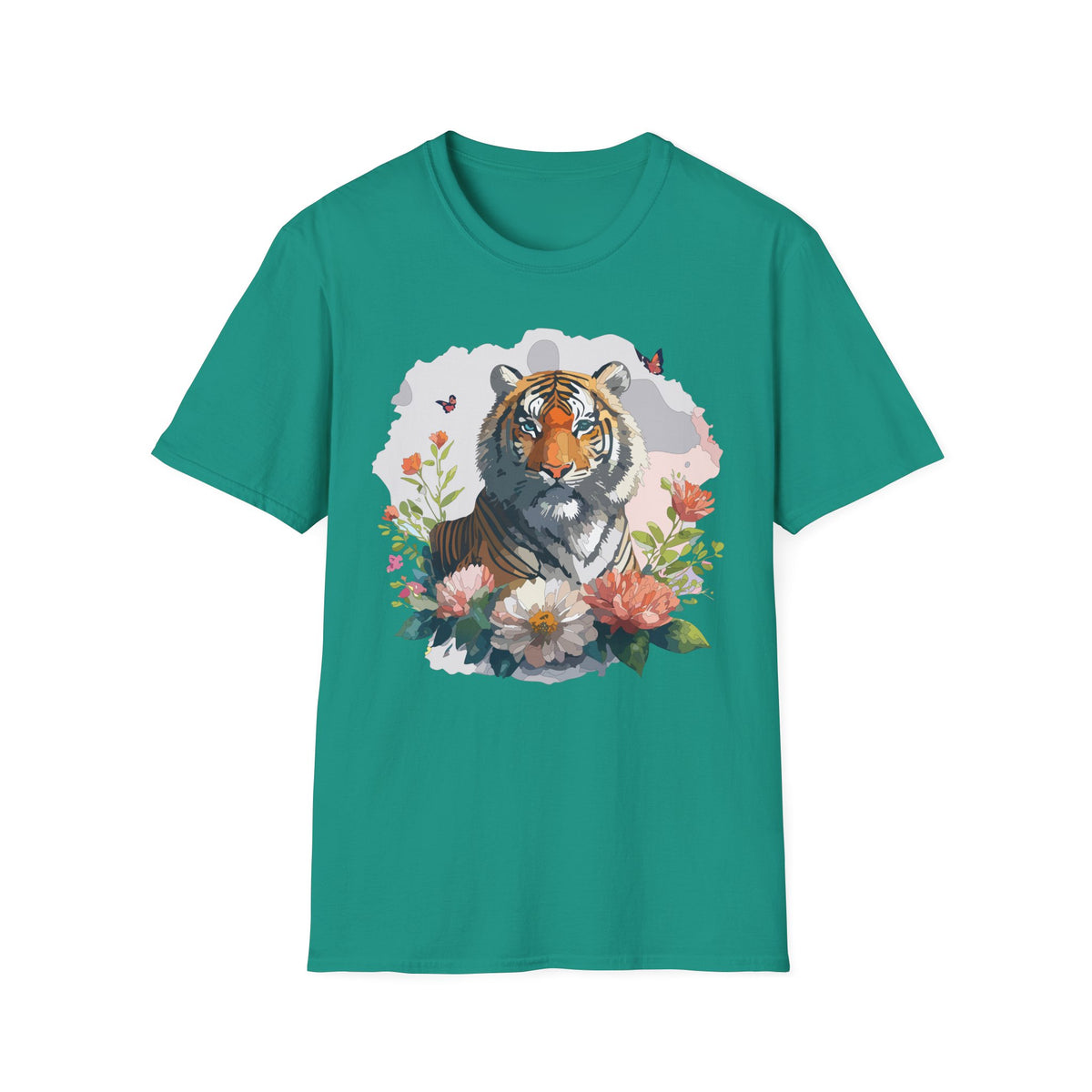 Floral Tiger Illustration T-Shirt | Tiger Portrait Tee, Butterfly Accents