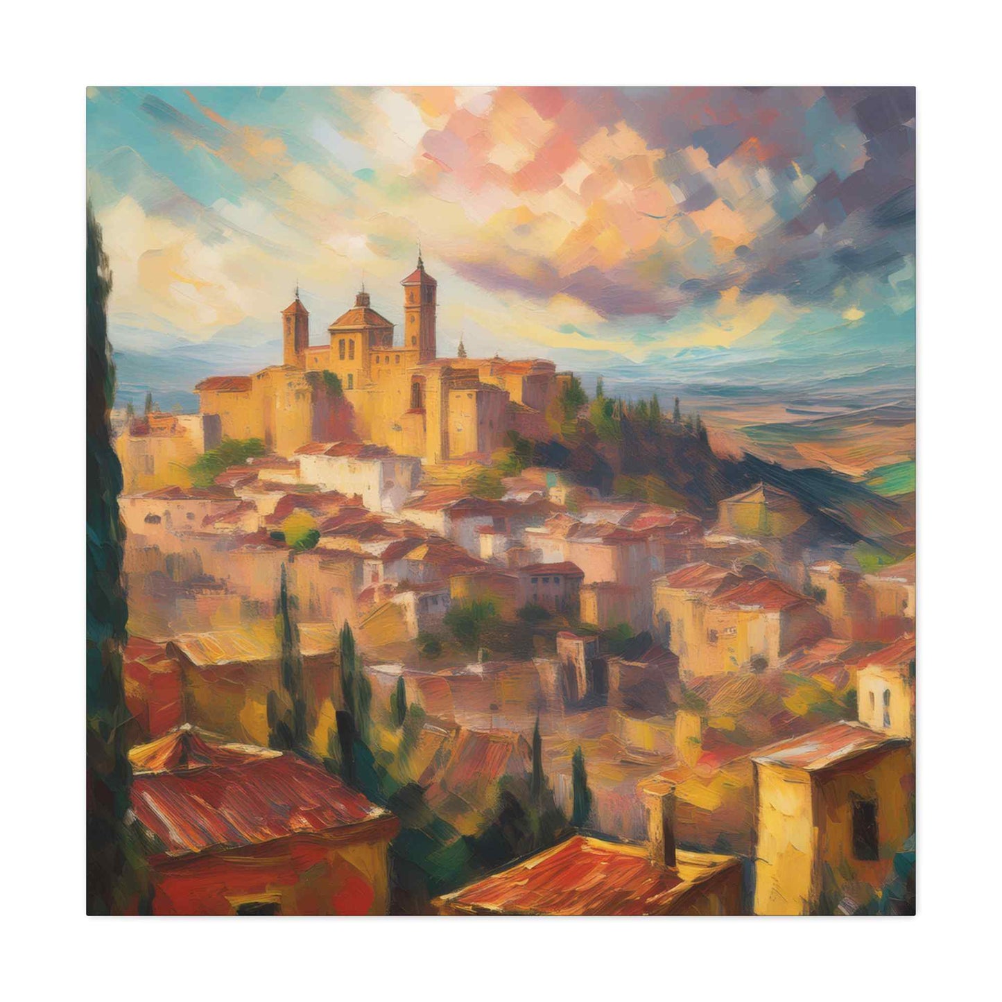 Spanish City Print Canvas, Oil Paint Print 20x20, 24x24, 30x30, 32x32, 36x36 Art Design Print Pine-Wood Inner Frame MC-58
