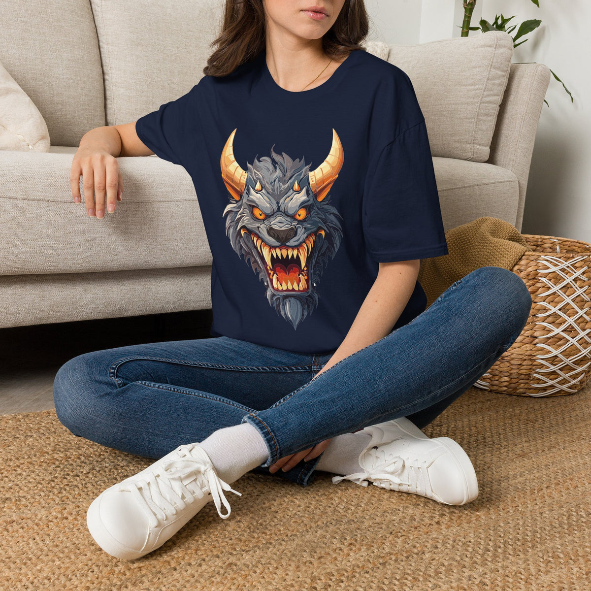 Demonic Beast Head T-Shirt — Horned Monster Cartoon Graphic Tee Unisex 100 Cotton Gildan T-Shirt