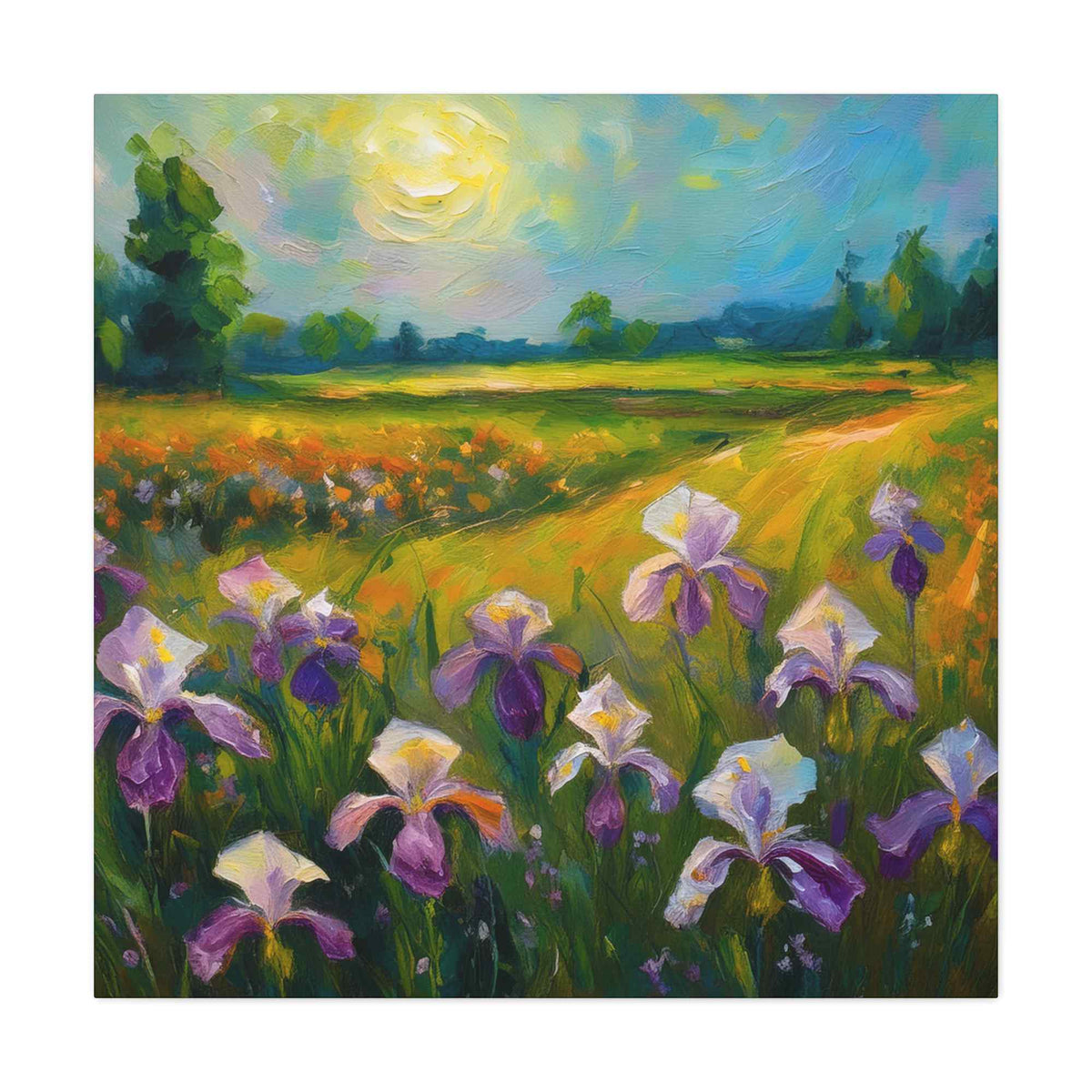 Irises Floral Print Canvas, Floral Oil Paint Print 20x20, 24x24, 30x30, 32x32, 36x36 Art Design Pine-Wood Inner Frame MC-180