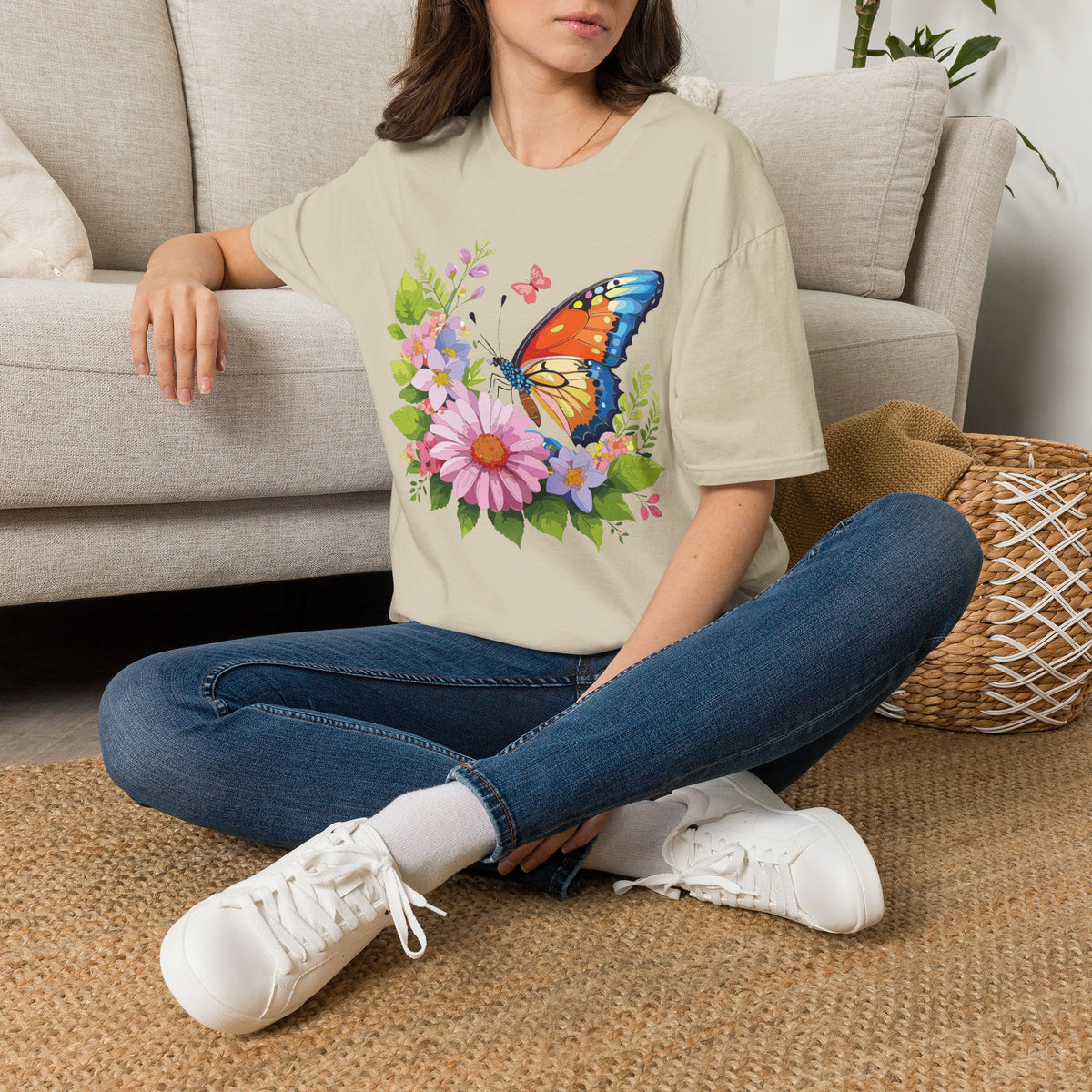 Butterfly Floral T-Shirt — Colorful Monarch & Spring Flowers Graphic Tee Unisex 100 Cotton Gildan T-Shirt