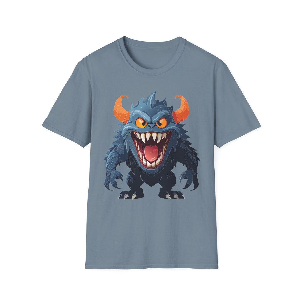 Monster Graphic T-Shirt — Fierce Blue Horned Creature Cartoon Graphic Tee Unisex 100 Cotton Gildan T-Shirt