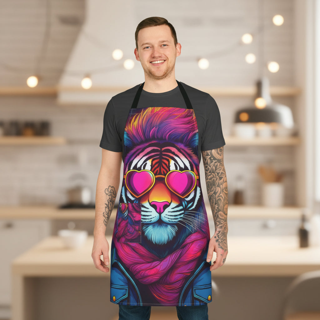Retro Neon Tiger Apron — Colorful Heart Sunglasses Chef Apron Stain-Resistant - Art Print Canvas Apron