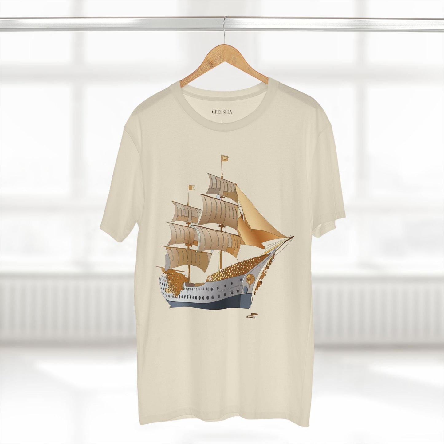 Ship Graphic Unisex 100 Cotton T-Shirt with Gold Frigate Art Design 25