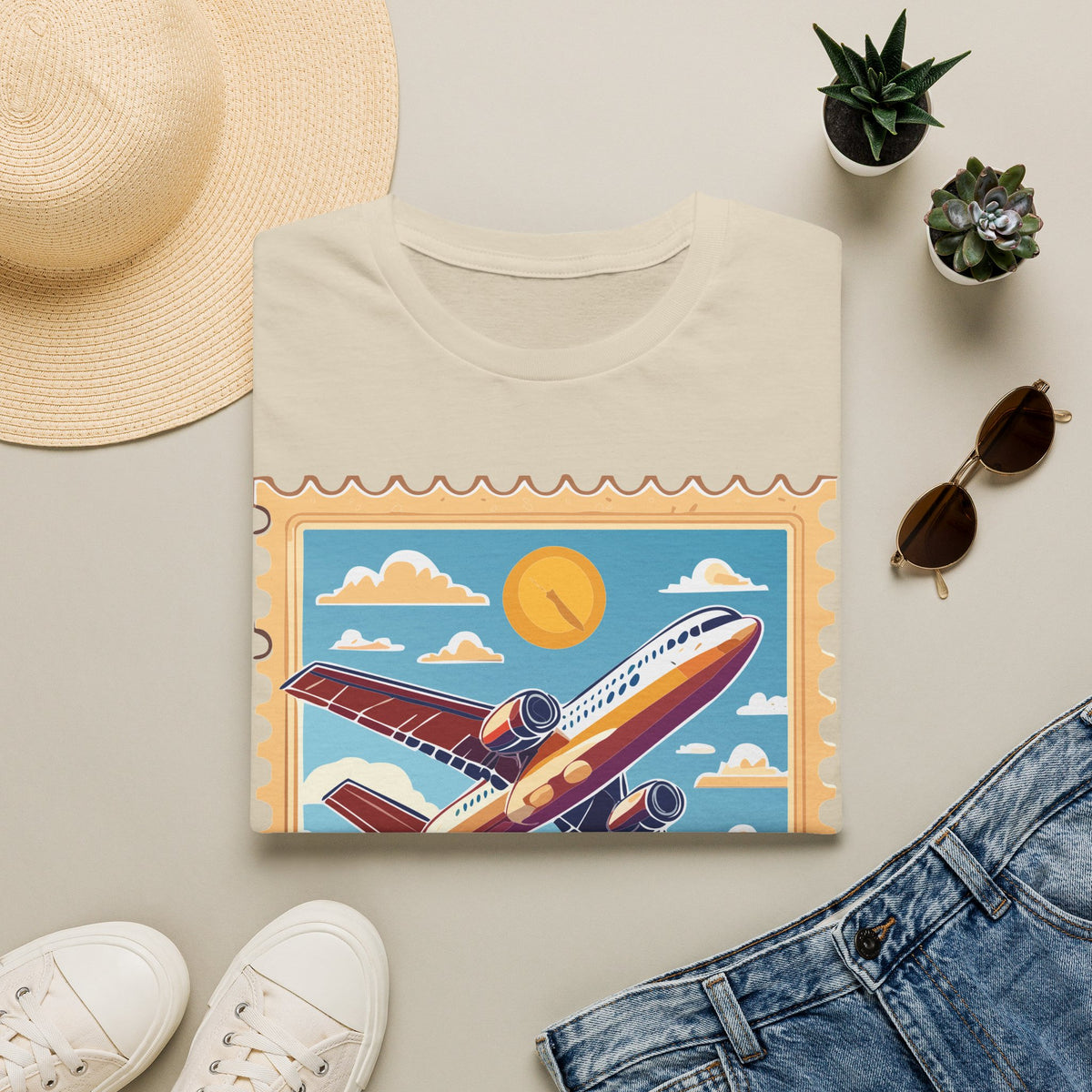 Retro Airplane Stamp design T-Shirt | Vintage Travel Plane Graphic Tee Unisex 100 Cotton Gildan T-Shirt