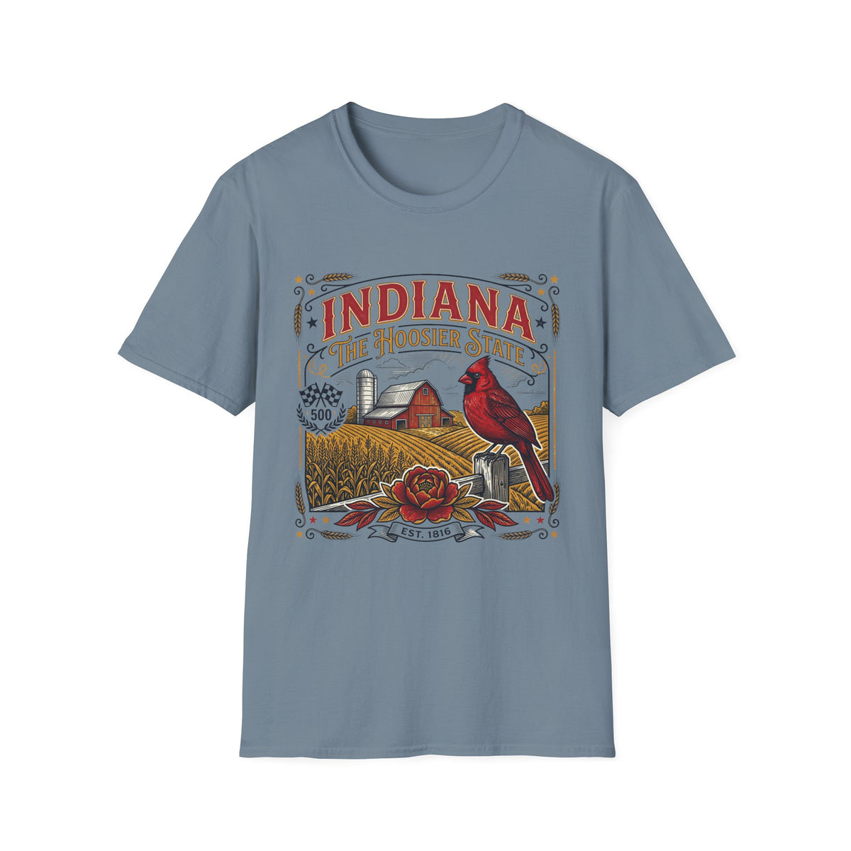 Indiana The Hoosier State T-Shirt — Farm Vintage Travel Tourist Graphic Design Unisex 100 Cotton Gildan T-Shirt