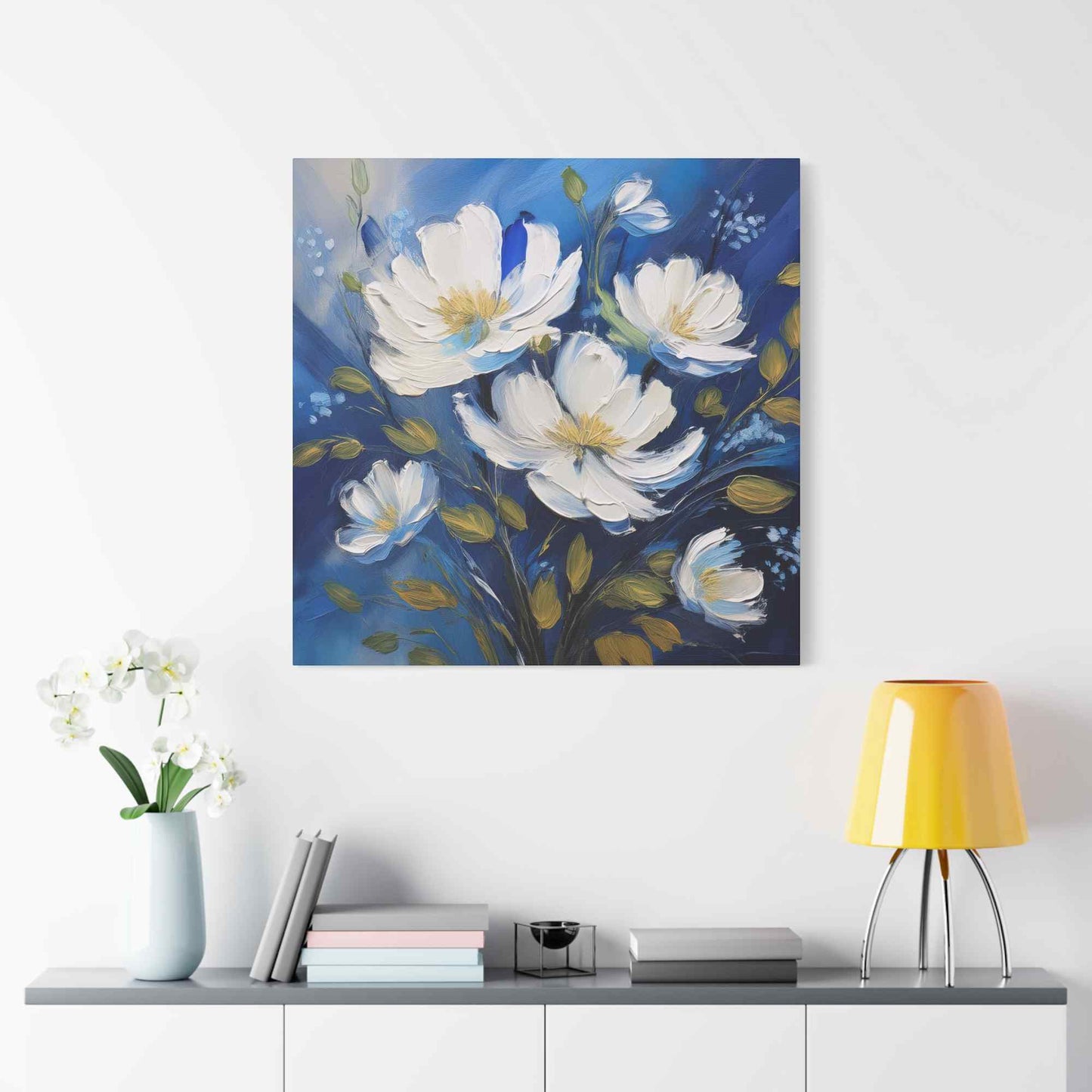White Flowers Print Canvas, White Flowers Oil Paint Print 20x20, 24x24, 30x30, 32x32, 36x36, Art Design Print Non-Frame MC-8