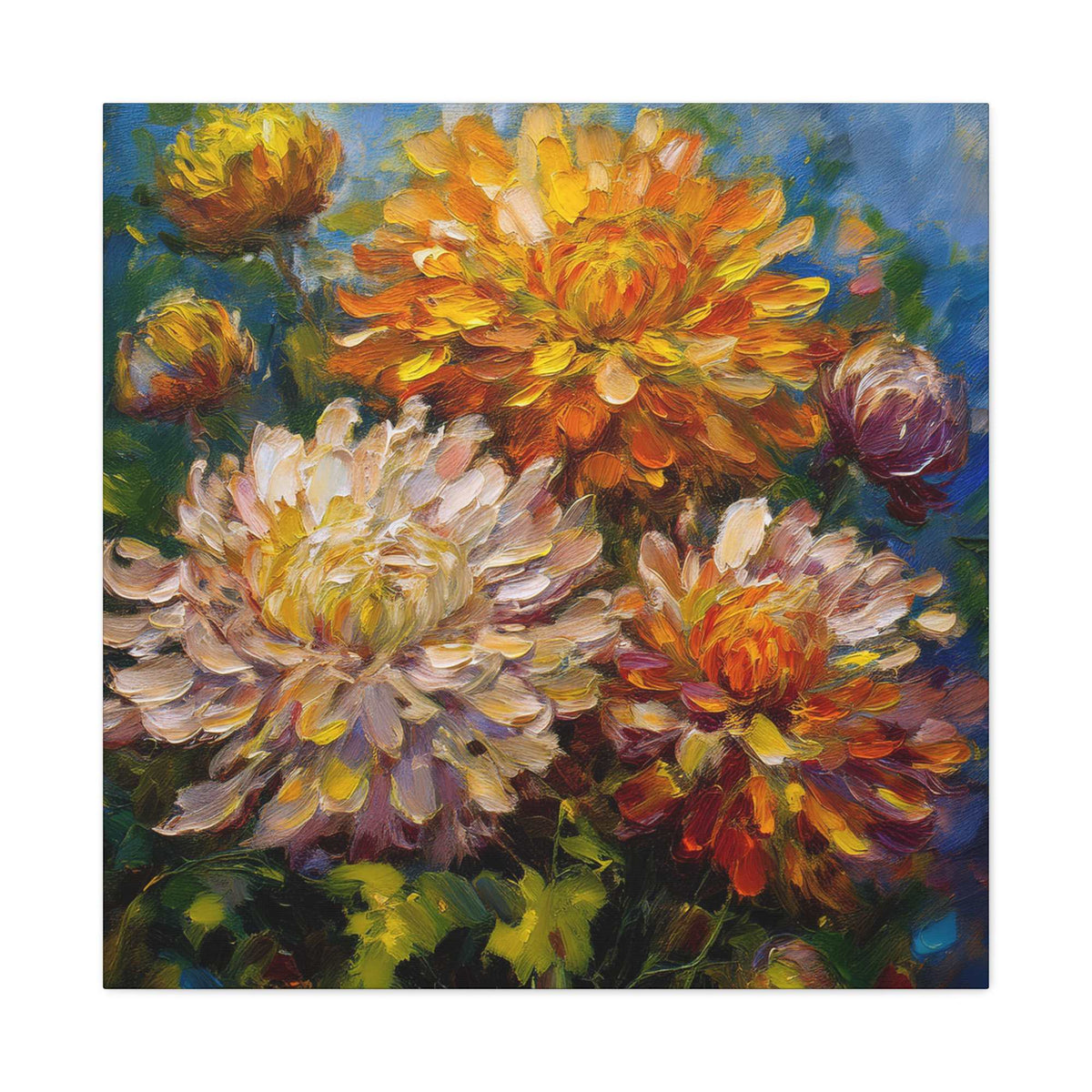 Chrysanthemums Print Canvas, Floral Oil Paint Print 20x20, 24x24, 30x30, 32x32, 36x36 Art Design Pine-Wood Inner Frame MC-156