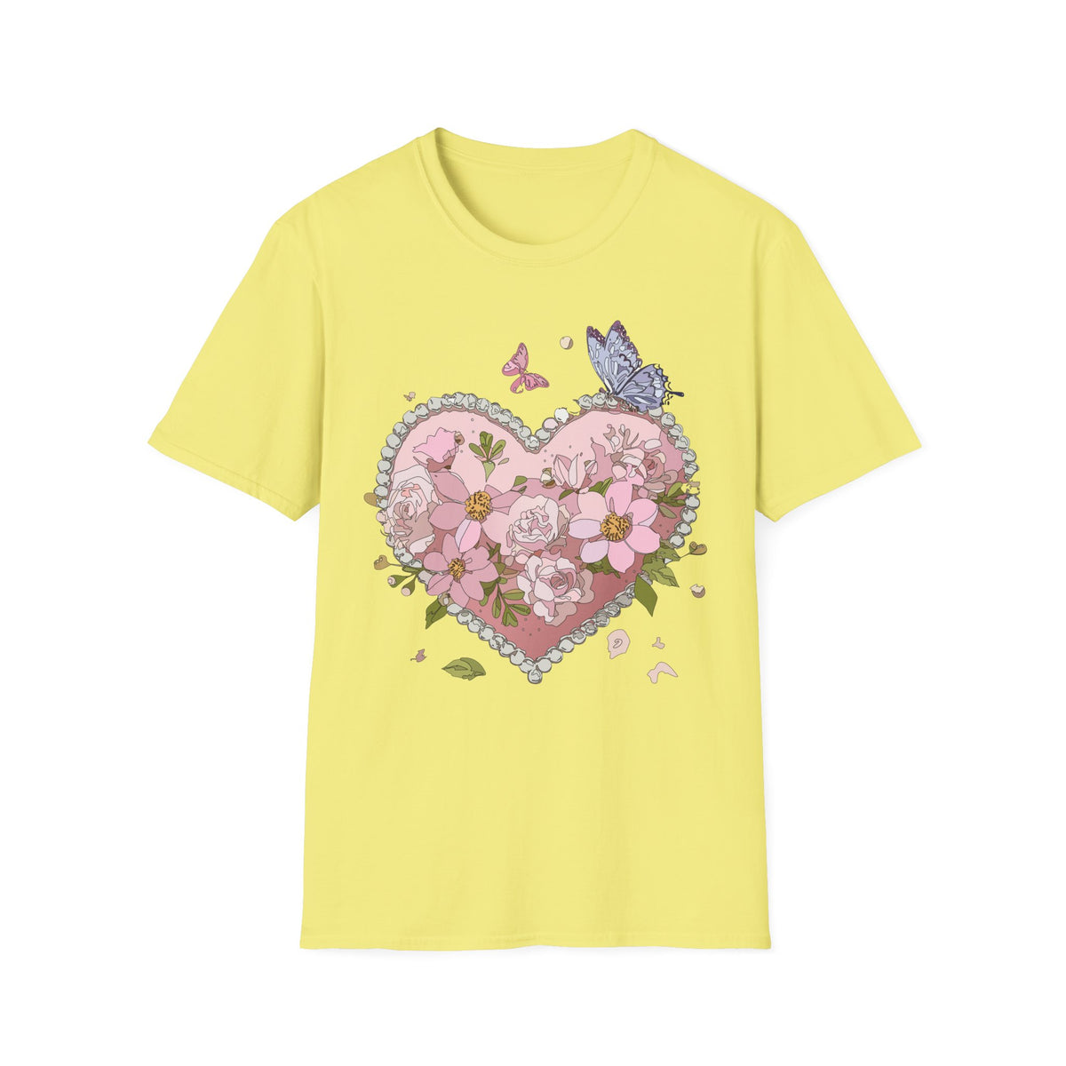 Floral Heart with Butterflies T-Shirt | Pink Flower Heart Graphic Tee Unisex 100 Cotton Gildan T-Shirt