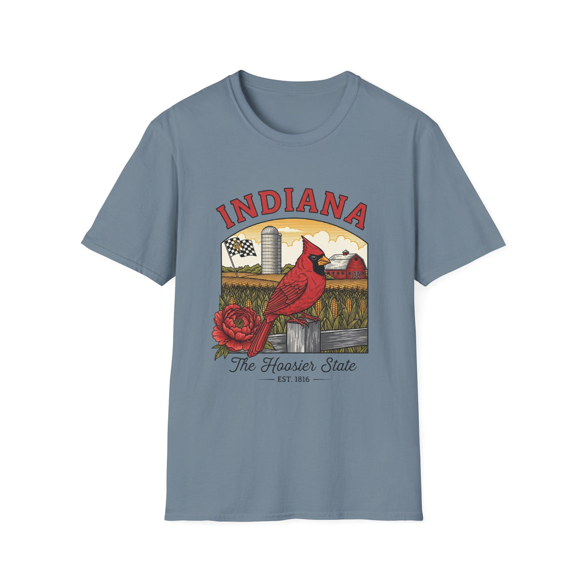 Indiana Cardinal Bird Tee — The Hoosier State Vintage Farm Design Travel Tourist Graphic Design Unisex 100 Cotton Gildan T-Shirt