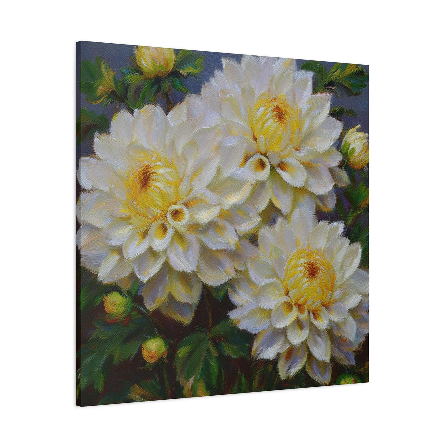 White Dahlias Print Canvas, Floral Oil Paint Print 20x20, 24x24, 30x30, 32x32, 36x36 Art Design Pine-Wood Inner Frame MC-168