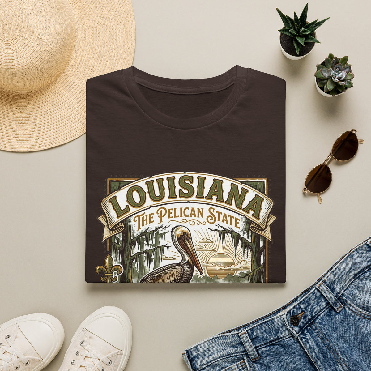 Louisiana Pelican State T-Shirt – Vintage Travel Tourist Graphic Design Unisex 100 Cotton Gildan T-Shirt