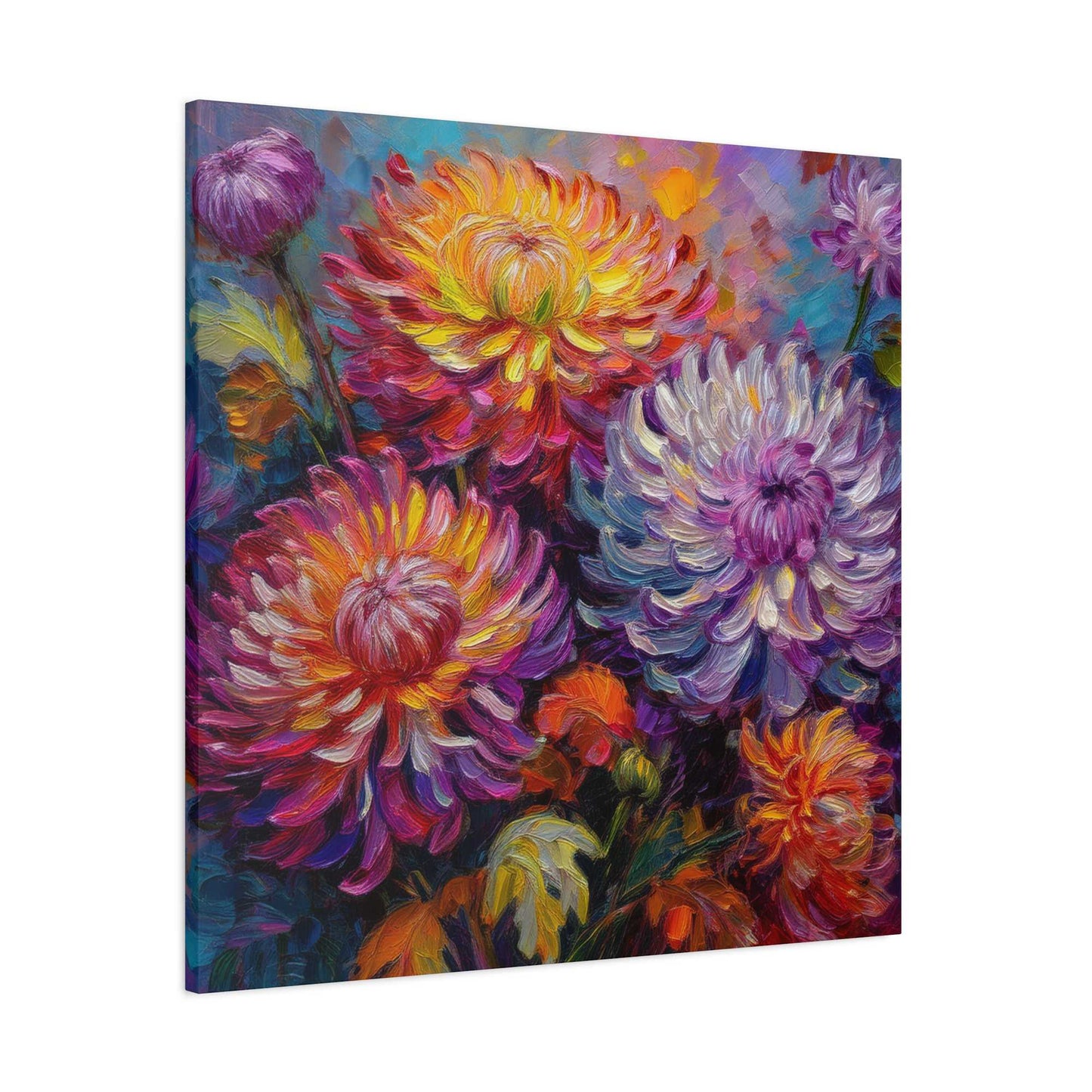 Chrysanthemums Print Canvas, Floral Oil Paint Print 20x20, 24x24, 30x30, 32x32, 36x36 Art Design Pine-Wood Inner Frame MC-158
