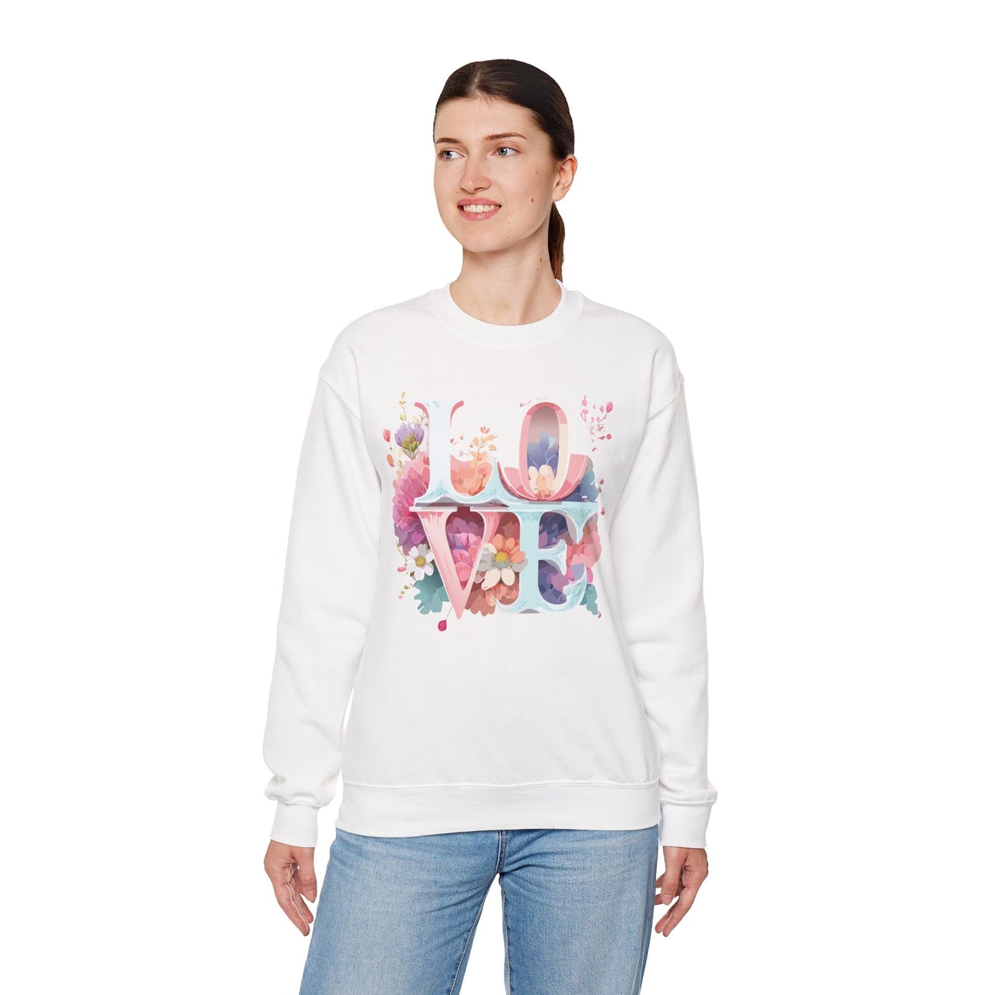 Floral Love Sweatshirt Valentines Day Flower Print Unisex Crewneck Heavy Blend Cotton Polyester