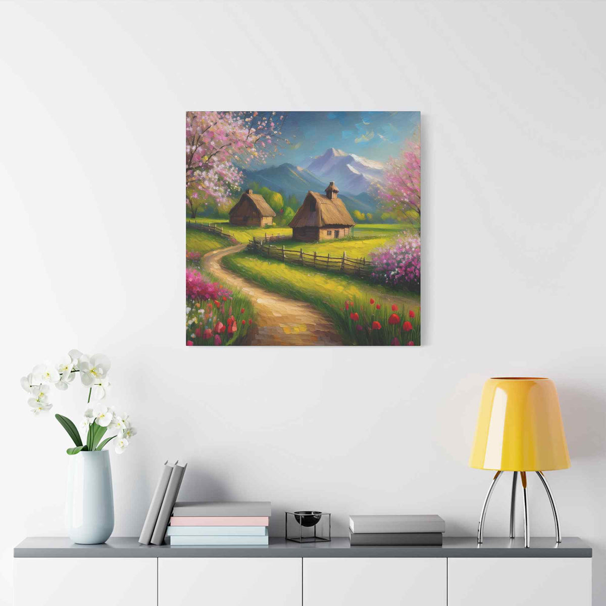 Countryside Spring Print Canvas, Oil Paint Print 20x20, 24x24, 30x30, 32x32, 36x36 Art Design Pine-Wood Inner Frame MC-108