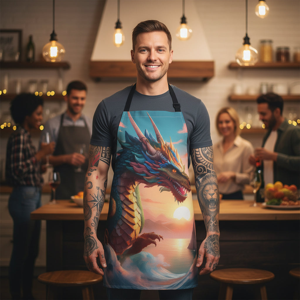 Dragon Sunrise Apron — Fantasy Dragon Kitchen Apron for Chefs & Grillers Stain-Resistant - Art Print Canvas Apron