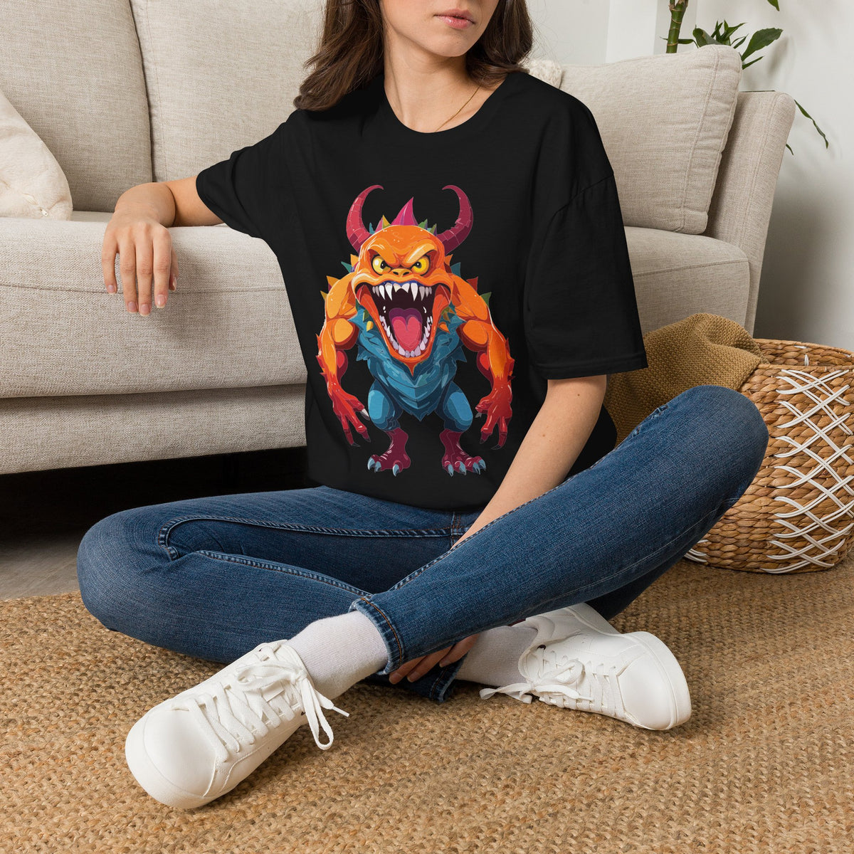 Monster Graphic T-Shirt — Fierce Orange Demon Design Cartoon Graphic Tee Unisex 100 Cotton Gildan T-Shirt
