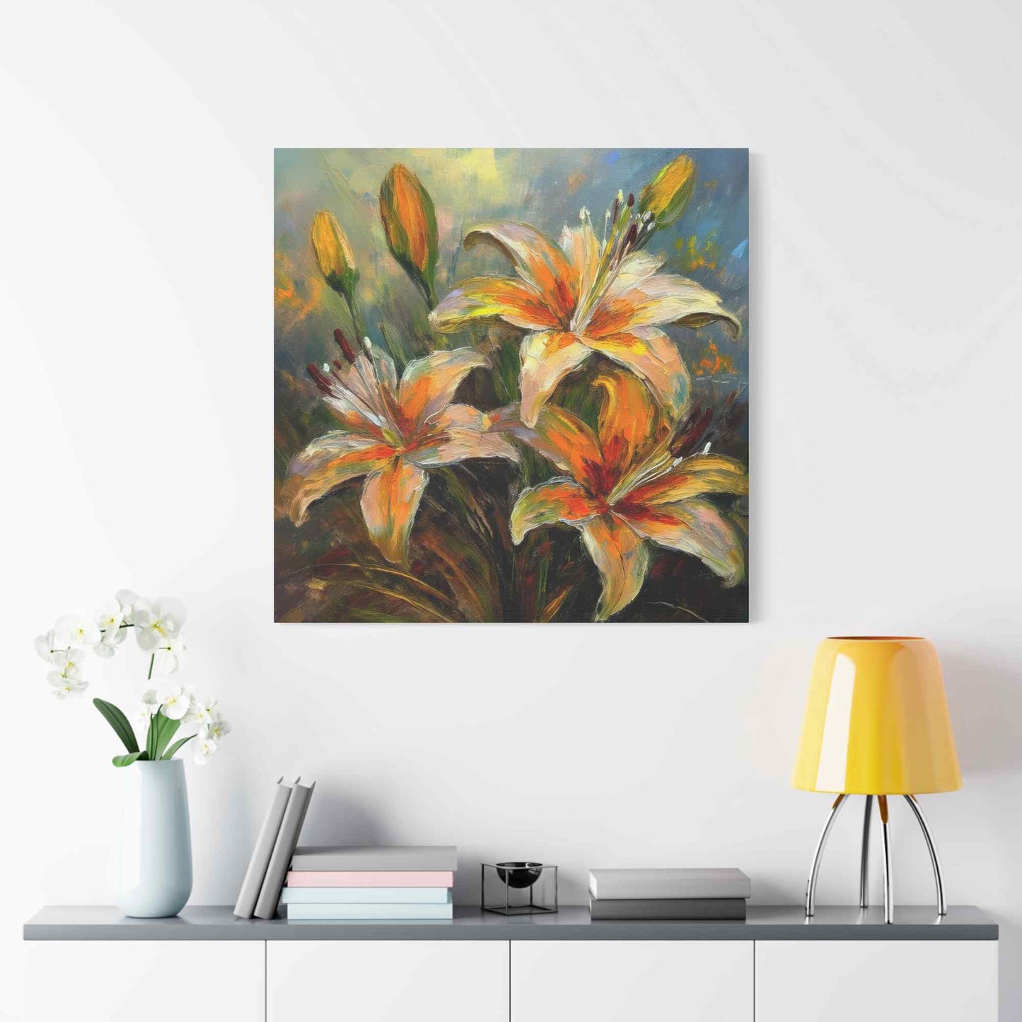 Gold Lilies Print Canvas, Floral Oil Paint Print 20x20, 24x24, 30x30, 32x32, 36x36 Art Design Pine-Wood Inner Frame MC-152