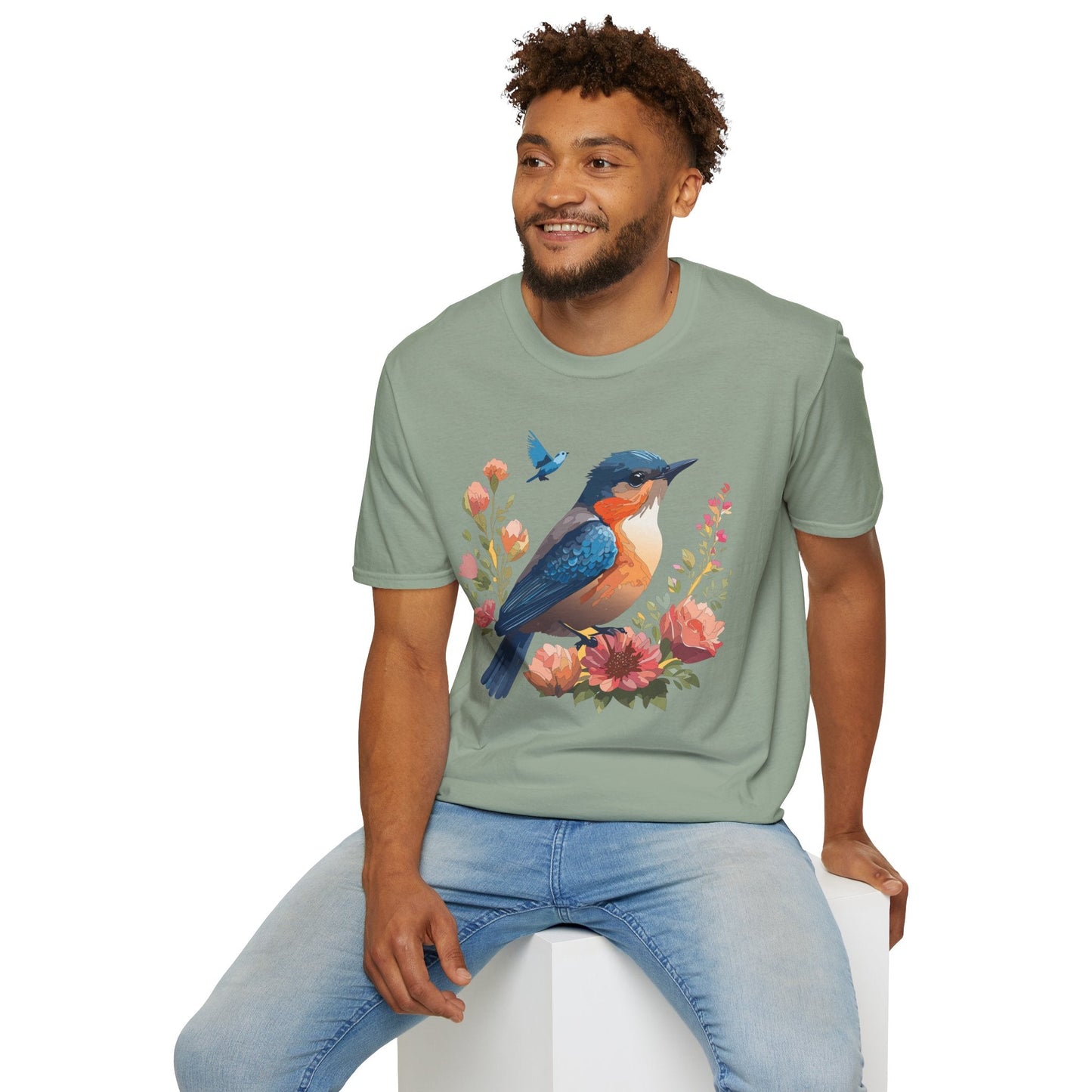 Unisex Floral Bird T Shirt Softstyle 64000 Gildan Ring Spun Cotton Tee Relaxed Fit