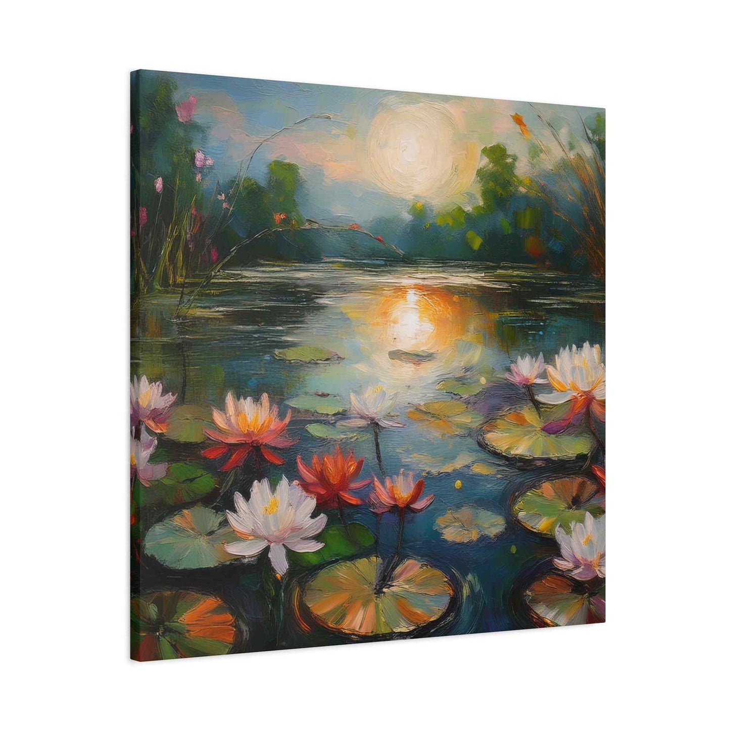 Water Lilies Print Canvas, Oil Paint Print 20x20, 24x24, 30x30, 32x32, 36x36 Floral Art Print Pine-Wood Inner Frame MC-66