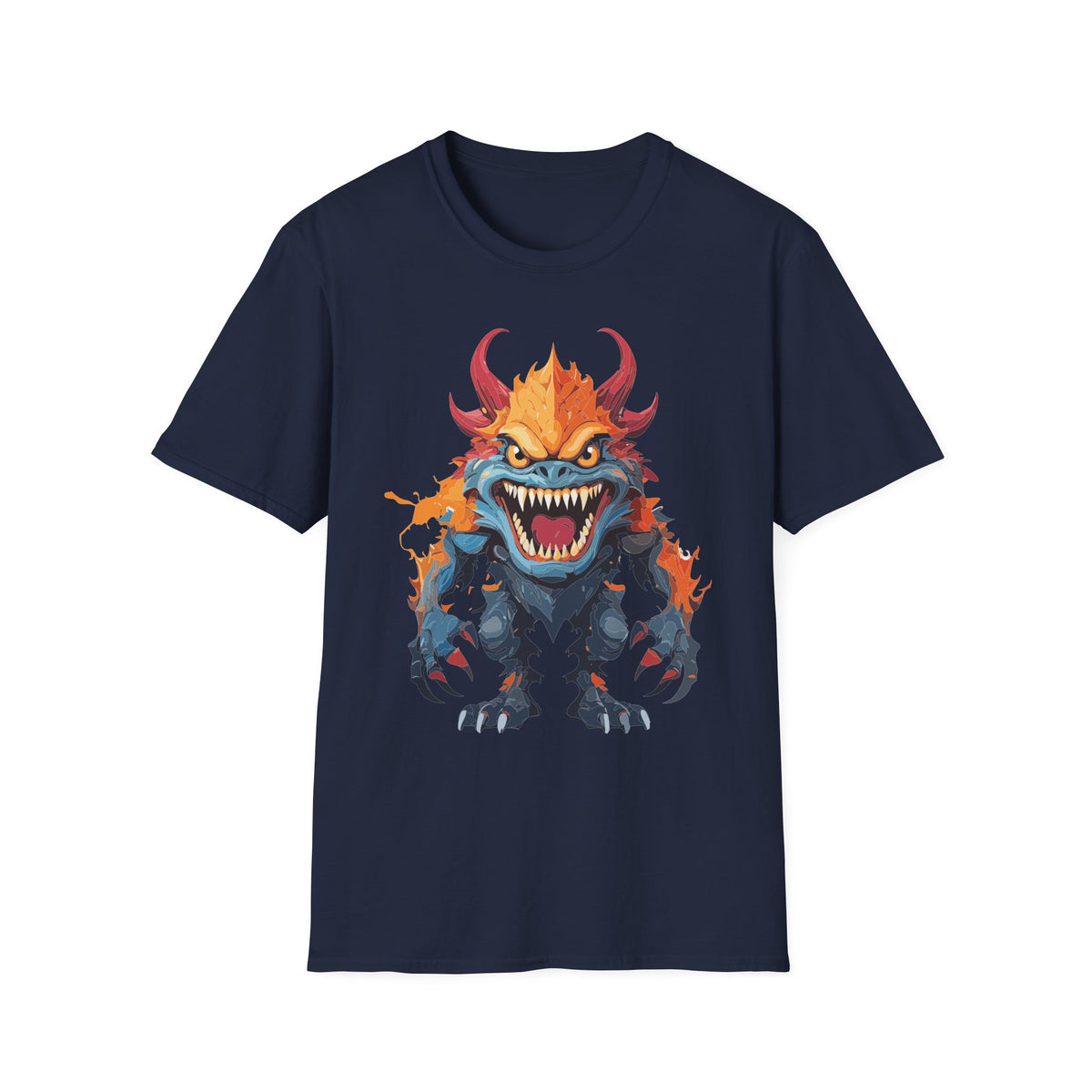Monster T-Shirt — Fiery Demon Creature Cartoon Graphic Tee Unisex 100 Cotton Gildan T-Shirt