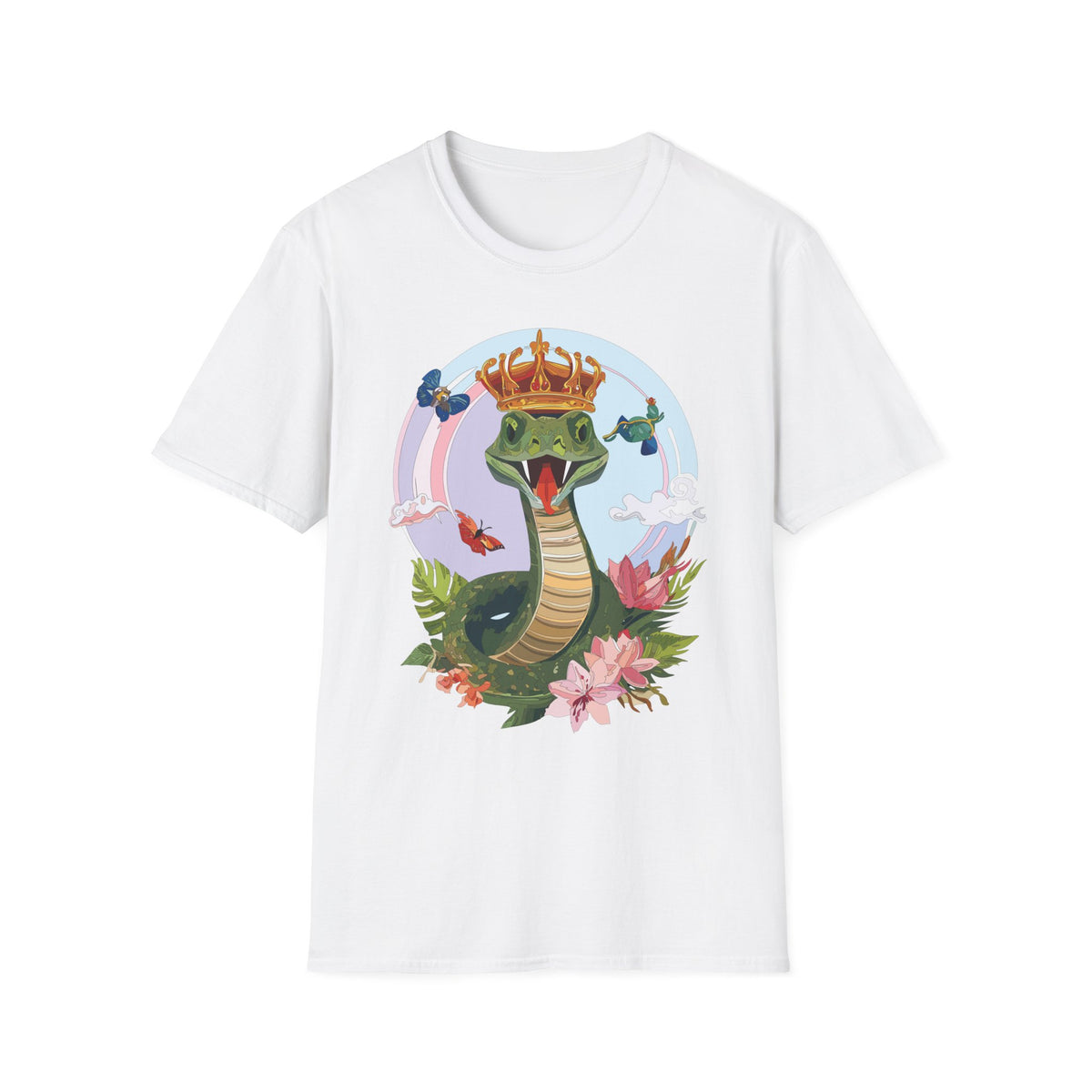 Crowned Snake Illustration T-Shirt | Regal Snake with Crown and Butterflies