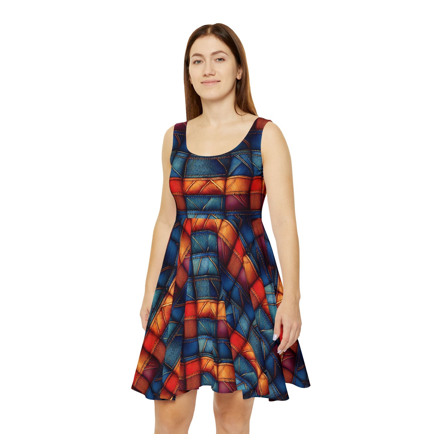 Women Denim Print Skater Dress, Denim Print Poly-Span Dress - 6