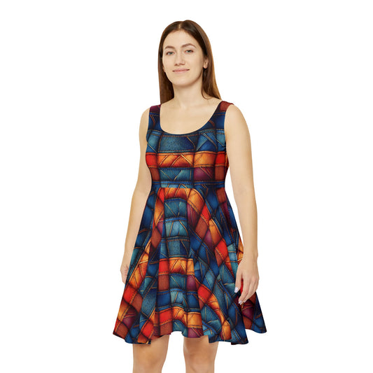 Women Denim Print Skater Dress, Denim Print Poly-Span Dress - 6