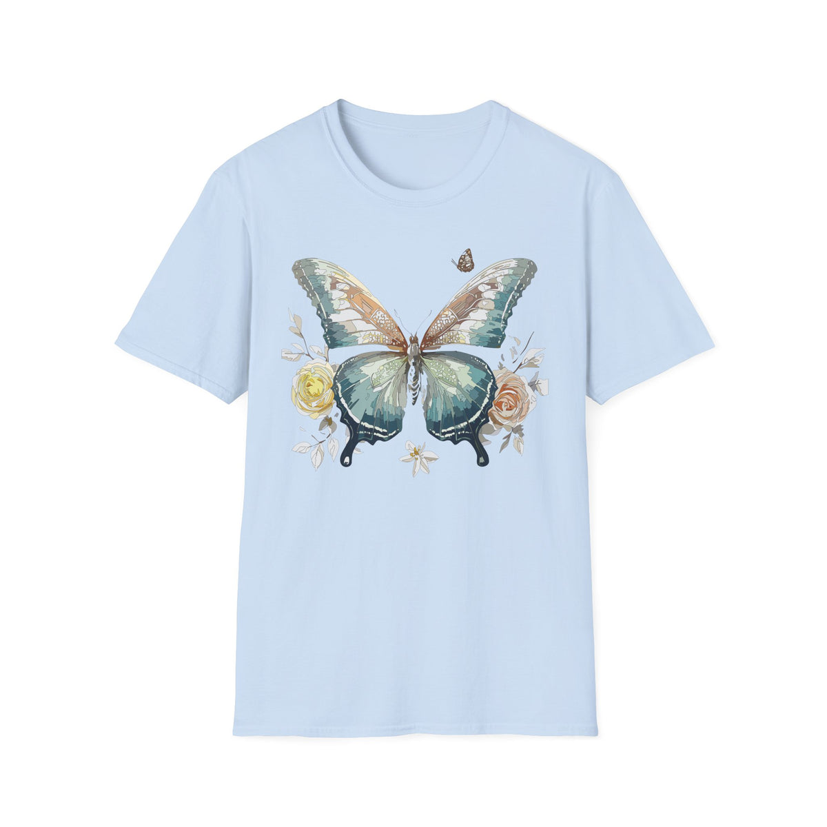 Teal Watercolor Butterfly T-Shirt | Floral Accent Graphic Tee Unisex 100 Cotton Gildan T-Shirt