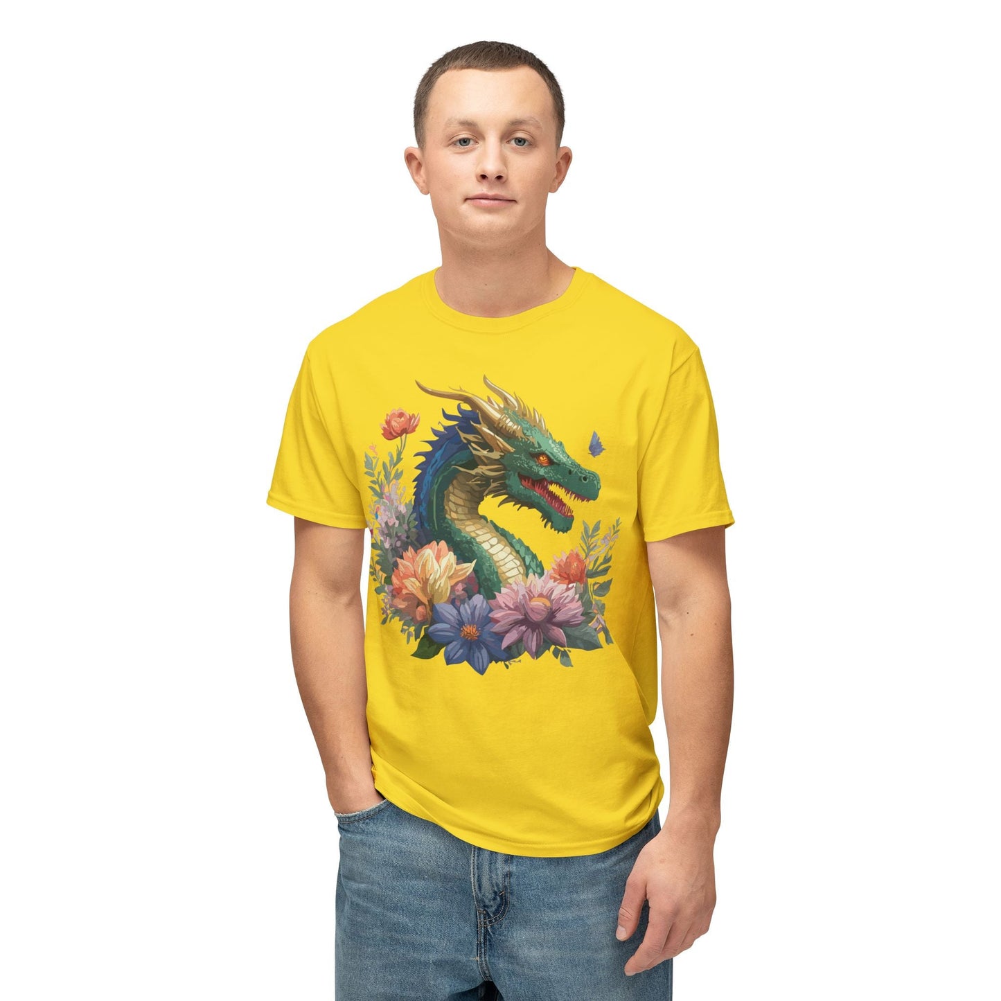 Dragon Art Tee Shirt Unisex Floral Print Cotton Tee USA Made