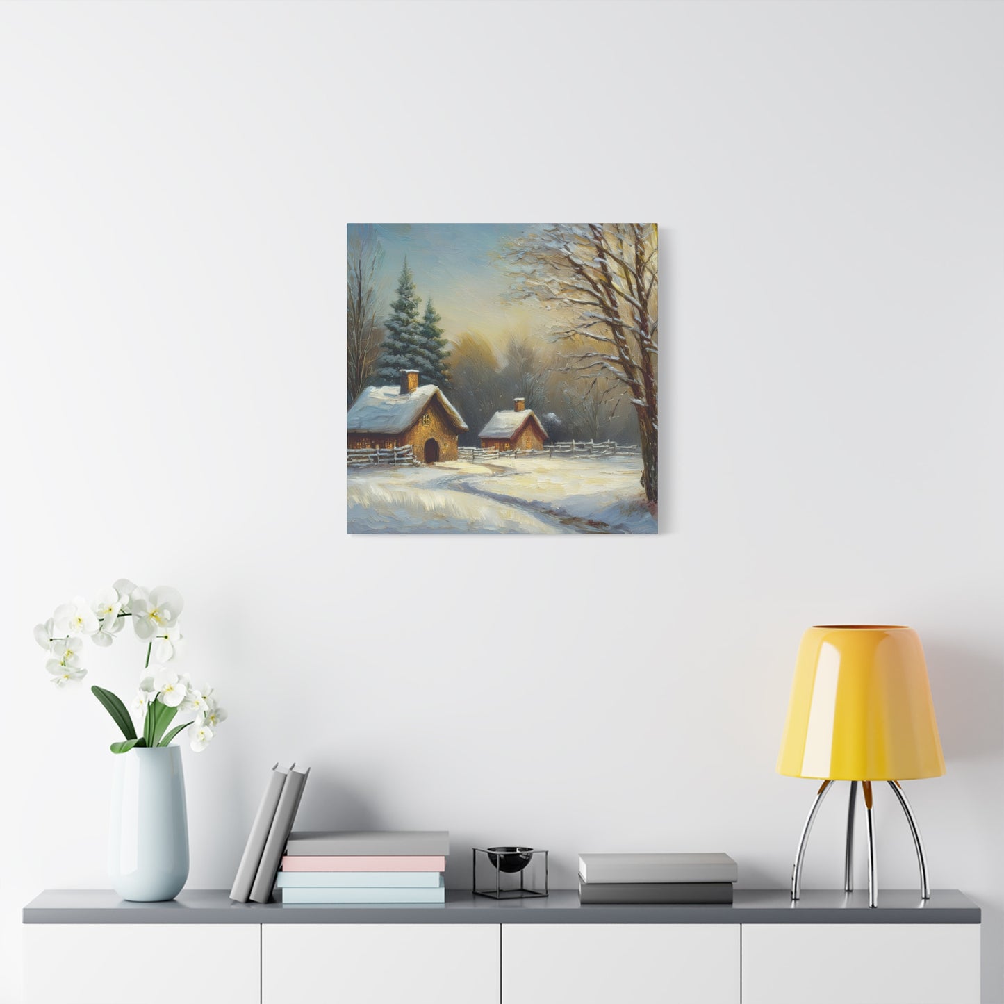 Countryside Winter Print Canvas, Oil Paint Print 20x20, 24x24, 30x30, 32x32, 36x36 Art Design Pine-Wood Inner Frame MC-113
