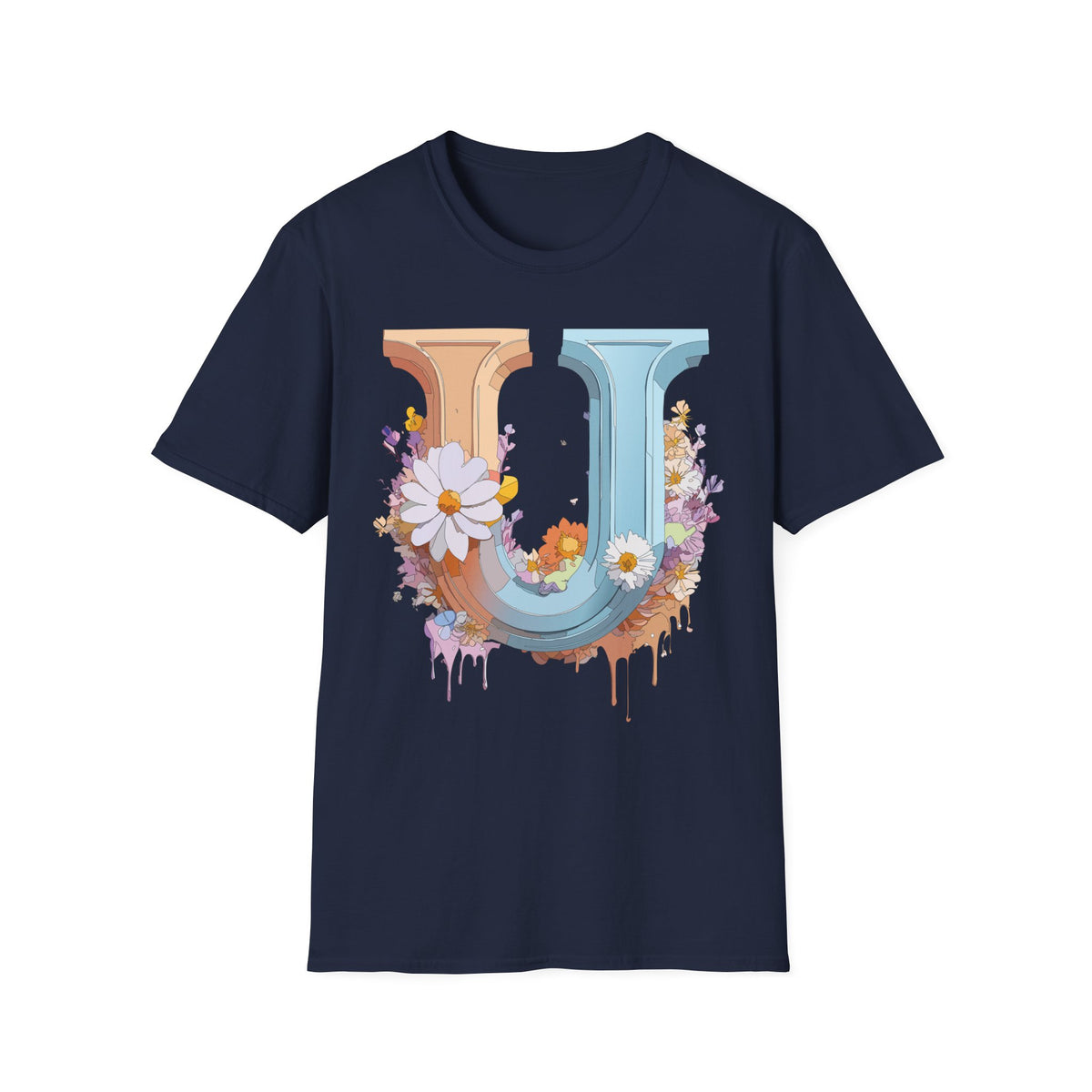 Floral Letter U T-Shirt | Vintage Block Initial with Daisies