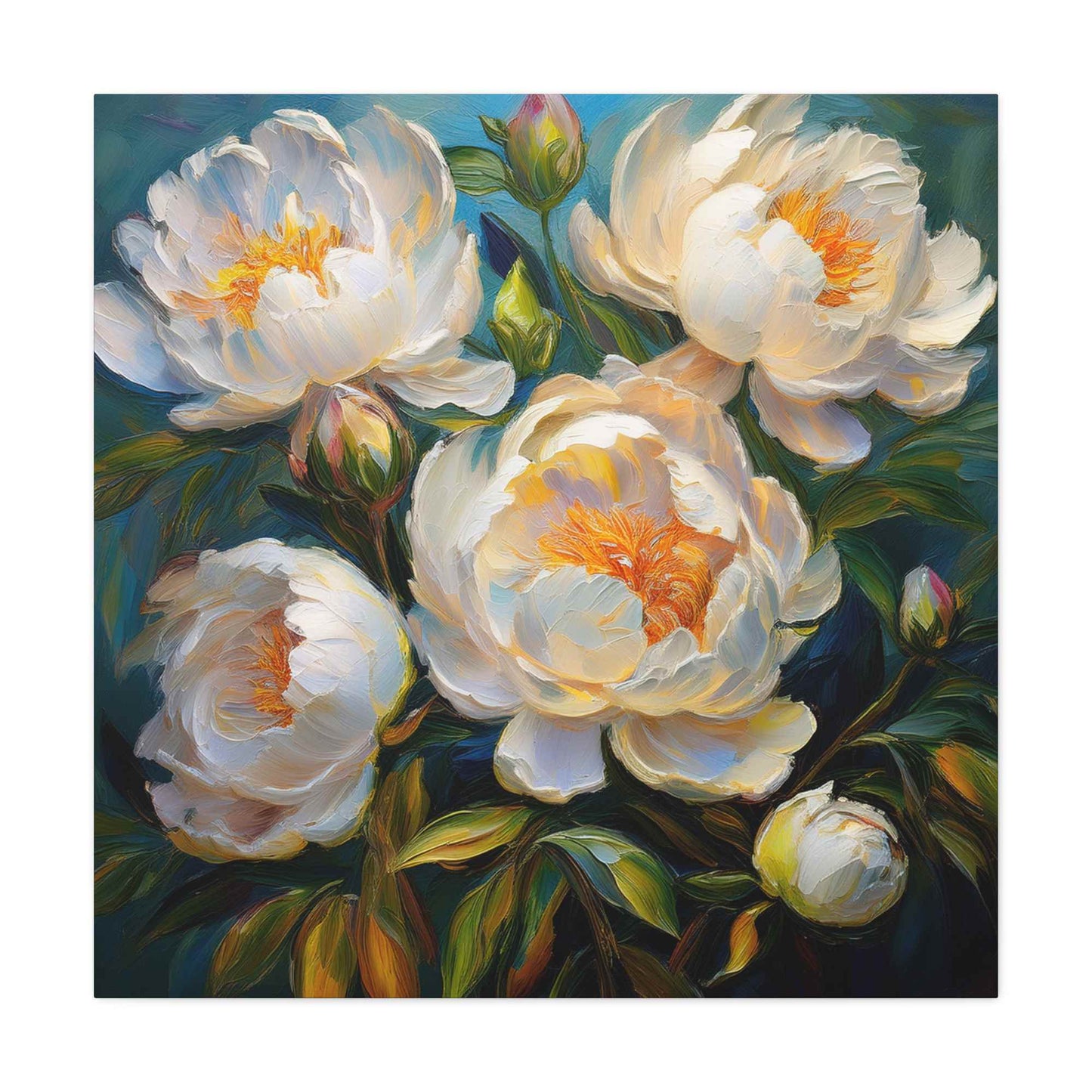 White Peonies Print Canvas, Floral Oil Paint Print 20x20, 24x24, 30x30, 32x32, 36x36 Art Design Pine-Wood Inner Frame MC-118