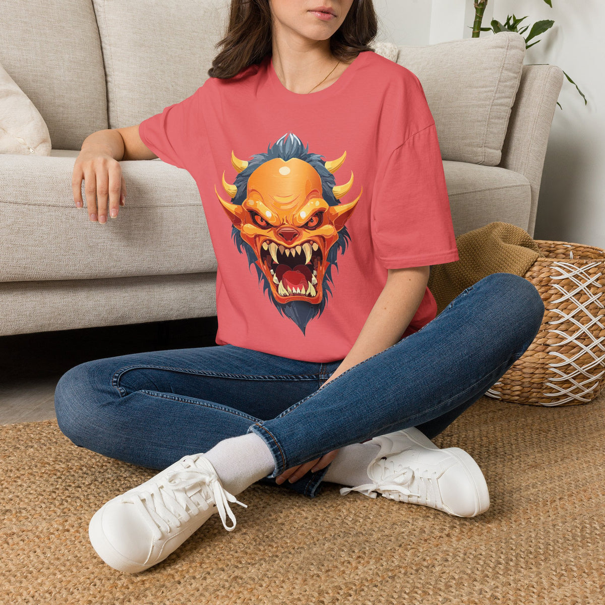 Demonic Oni Mask T-Shirt — Fierce Japanese Demon Face Cartoon Graphic Tee Unisex 100 Cotton Gildan T-Shirt