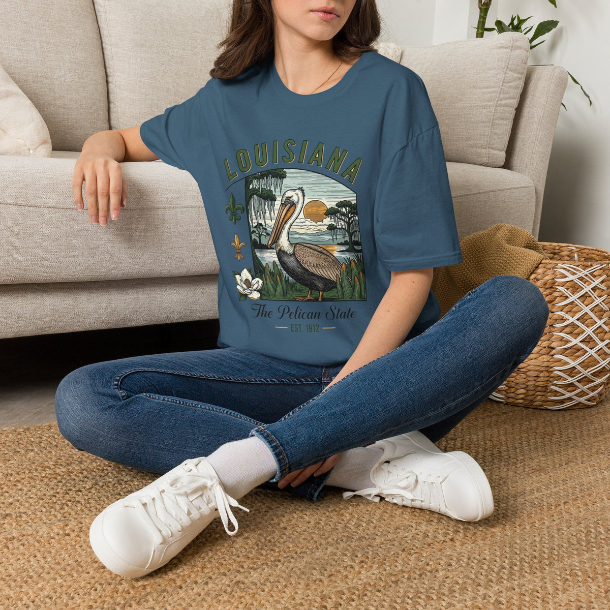 Louisiana Pelican State Graphic T-Shirt — Vintage Bayou Sunset Travel Tourist Graphic Design Unisex 100 Cotton Gildan T-Shirt