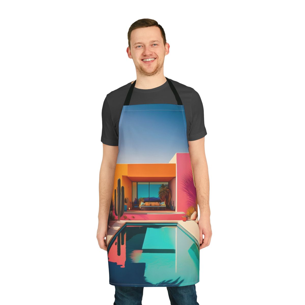 Retro Desert Pool Apron — Midcentury Modern Kitchen Apron with Colorful Cactus Scene Stain-Resistant - Art Print Canvas Apron
