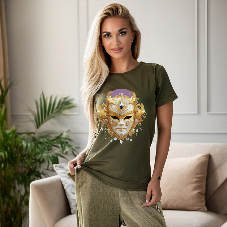 Carnival Mask Graphic T-Shirt Unisex 100 Cotton With Antique Gold Art Design Tee 18