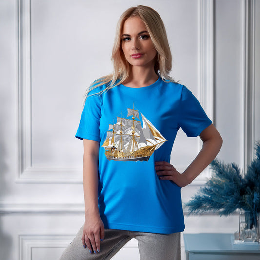 Ship Graphic Unisex 100 Cotton T-Shirt with Gold Frigate Art Design 18