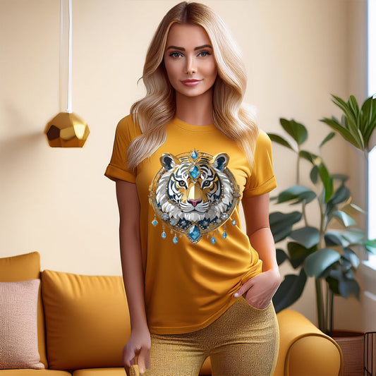Tiger Graphic Unisex 100 Cotton Tee With Unique Animal Golden Medallion Art Design 54