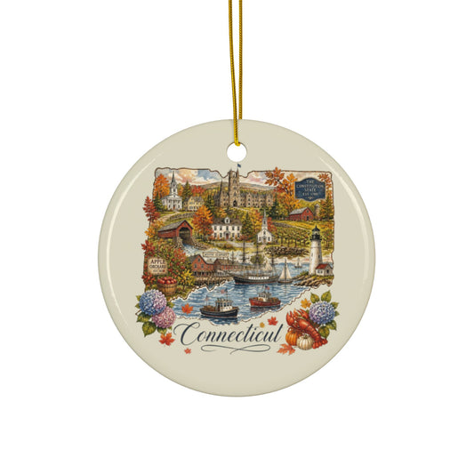 Connecticut Vintage Collage Ornament Ceramic Ornament | State Souvenir, Two-Sided - 2.99" Includes Gold String