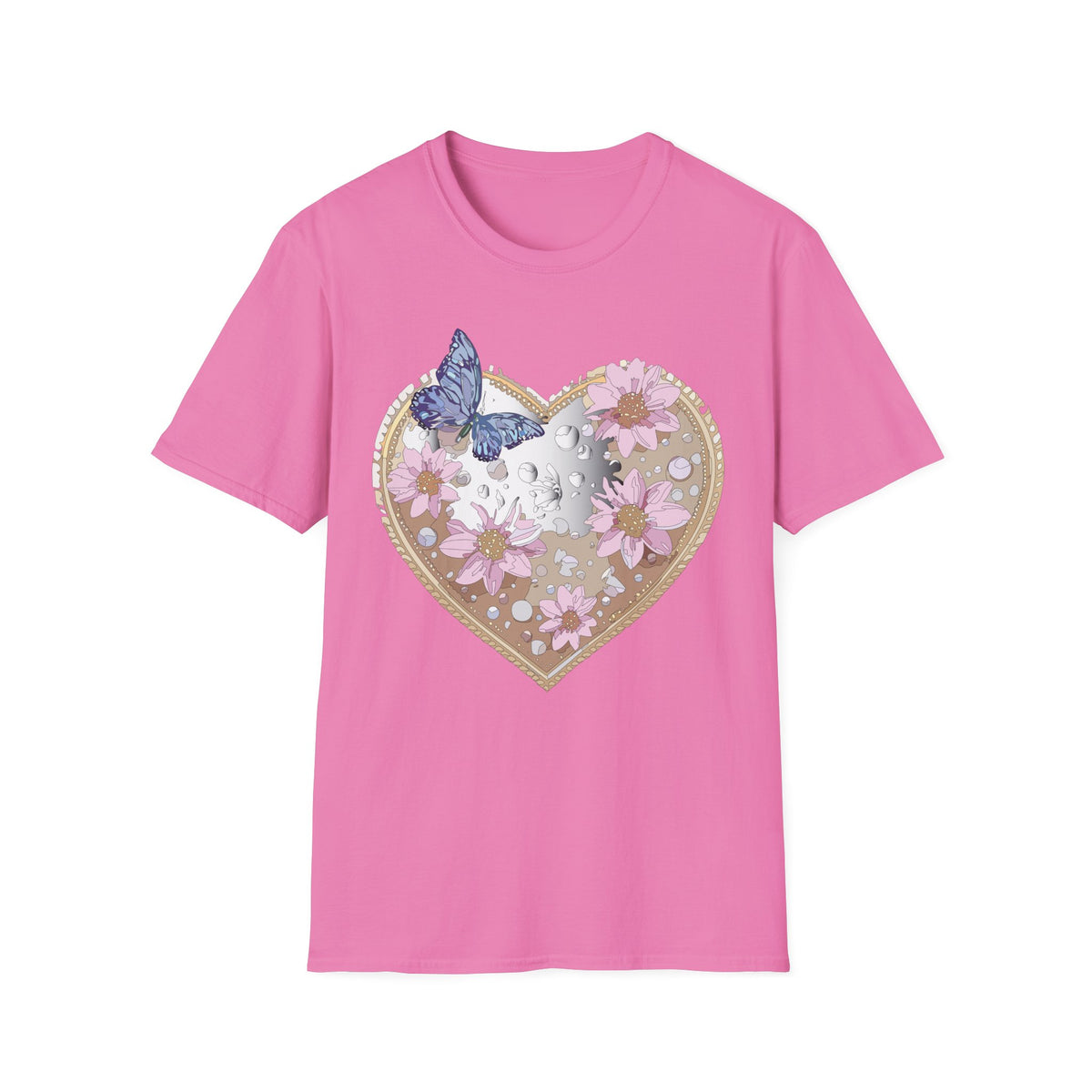 Floral Heart with Butterfly T-Shirt | Pink Flowers, Moon Phases Graphic Tee Unisex 100 Cotton Gildan T-Shirt