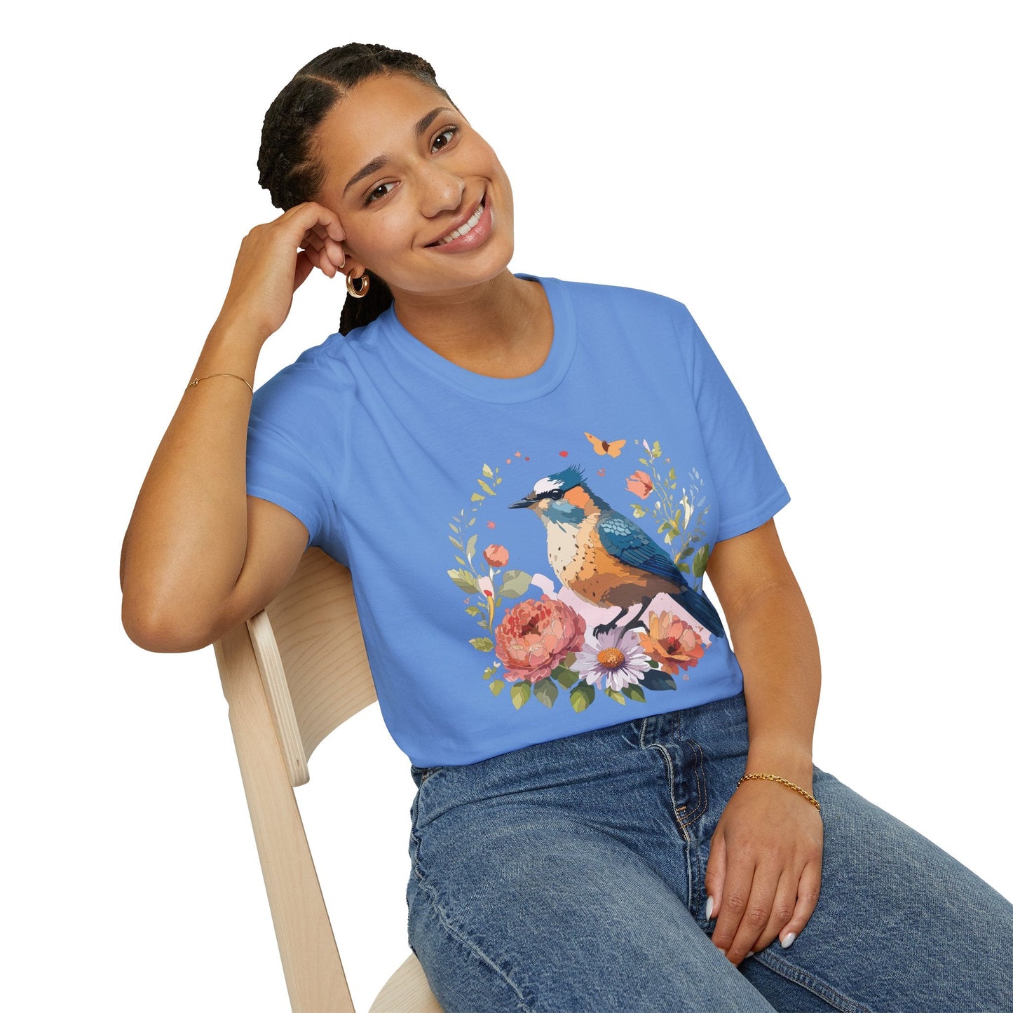Floral Bird T Shirt Unisex Softstyle Gildan 64000 Tee 100 Percent Ring Spun Cotton