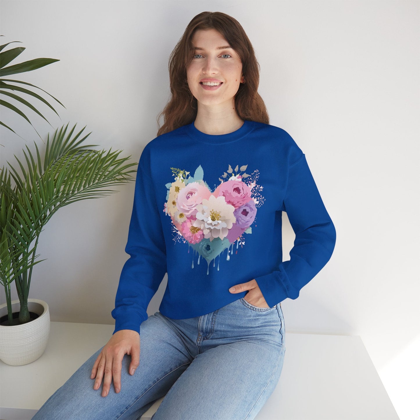 Floral Heart Unisex Crewneck Sweatshirt With Floral Love Valentines Day Design Premium Heavy Blend