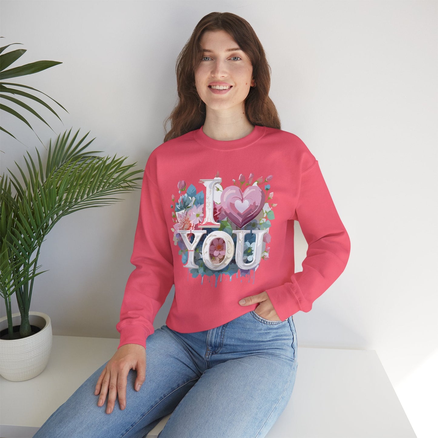 Floral Love Sweatshirt Unisex Valentine Day Flower Print Crewneck Gildan 18000 Cozy