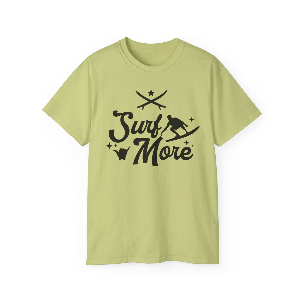 Surf More surfboard graphic Tee | surfer silhouette, waves, retro script