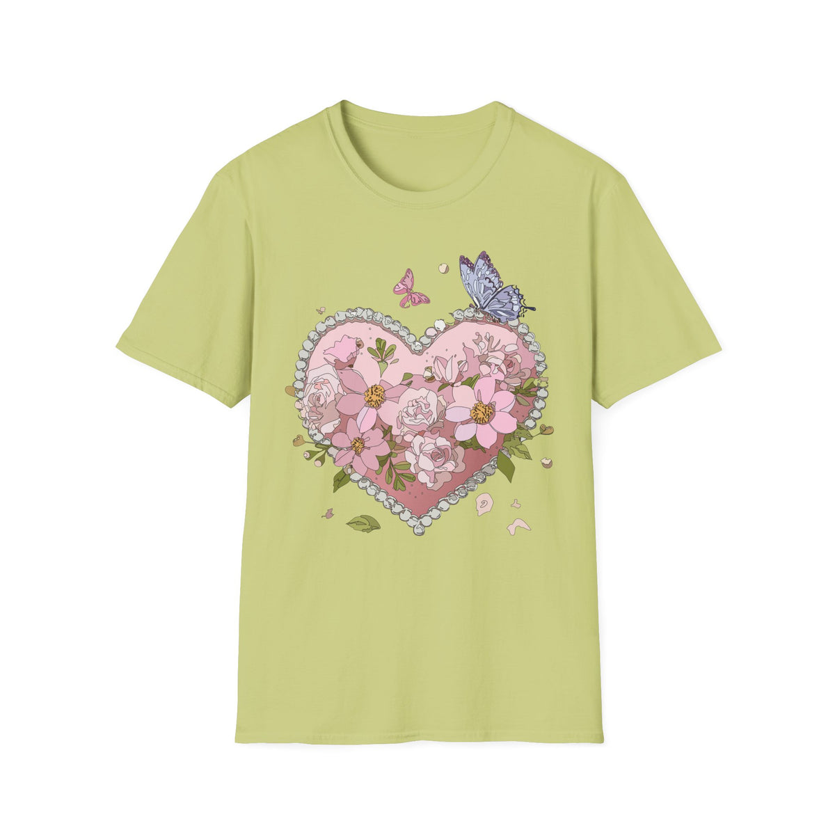 Floral Heart with Butterflies T-Shirt | Pink Flower Heart Graphic Tee Unisex 100 Cotton Gildan T-Shirt